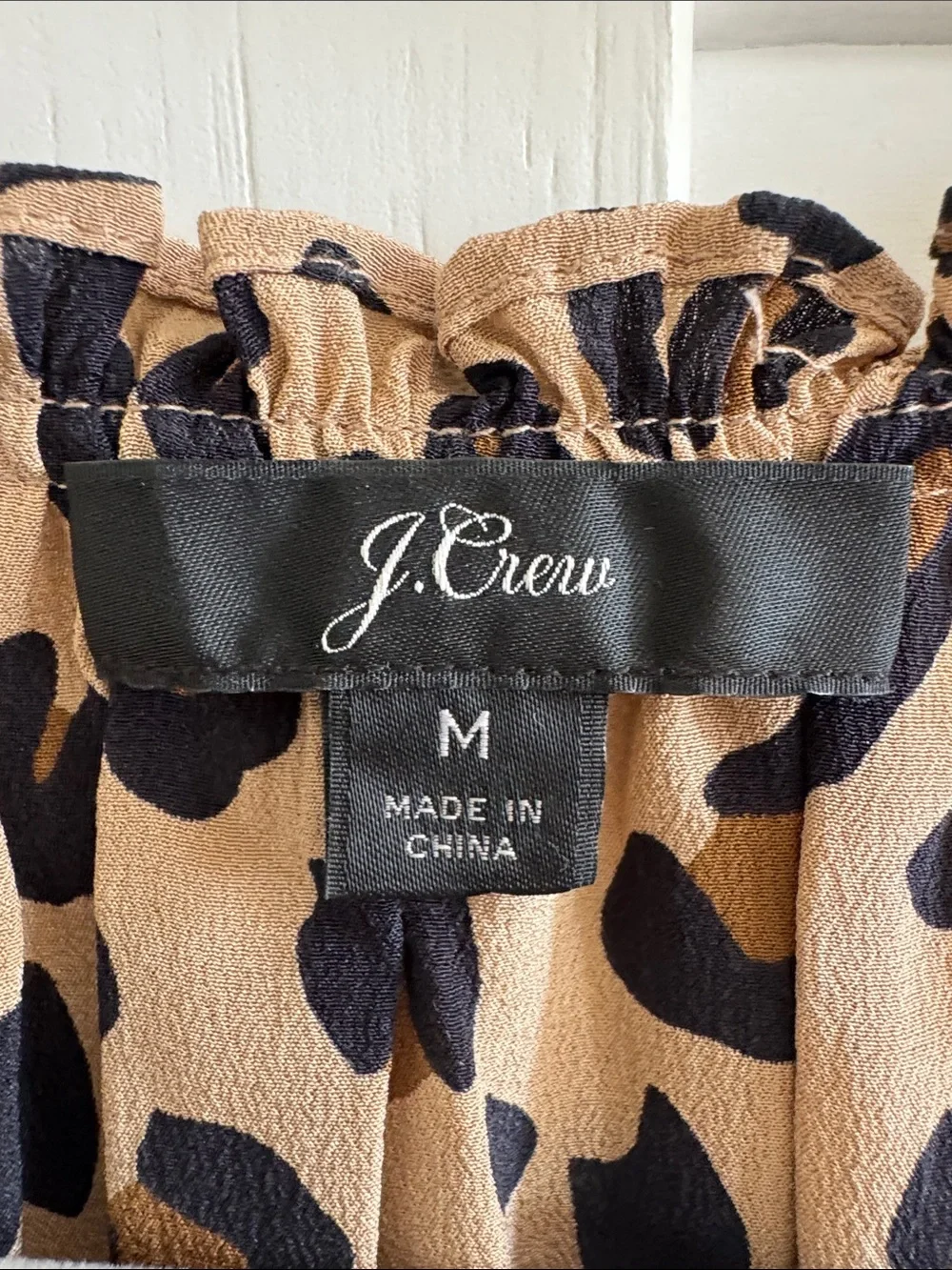 J. Crew Tan and Black Leopard Tie-Neck Short Sleeve 100% Silk Blouse